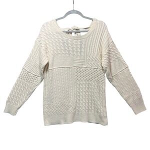 Cream Cable Knit Patchwork Sweater Back Tie Bow Neck‎ Long Sleeve M L Cozy Co